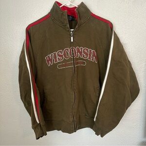 Vintage Wisconsin Sweatshirt Jacket Army Green with Red and White Stripes Medium